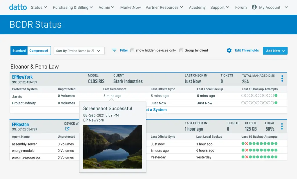 Datto BCDR dashboard tracking backups and disaster recovery status.