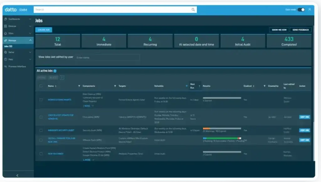 Datto RMM dashboard displaying job automation and patch management.