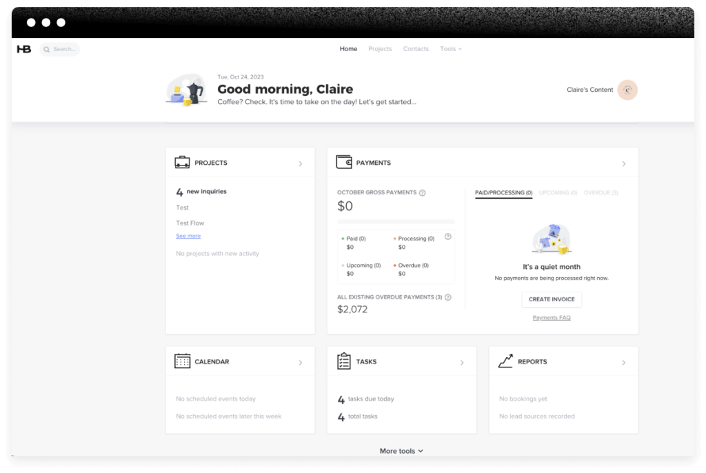 HoneyBook client management dashboard for small businesses