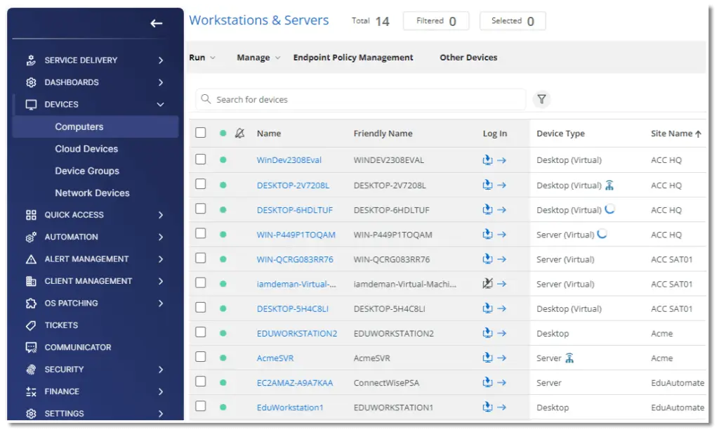 ConnectWise RMM device management view with servers and desktops