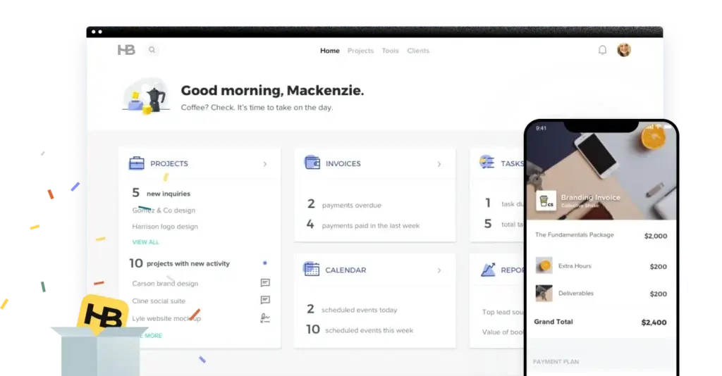 HoneyBook CRM dashboard and mobile invoicing screen