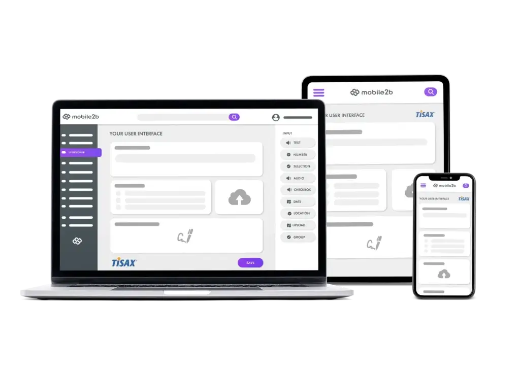 Mobile2b no-code interface builder on laptop, tablet, and phone