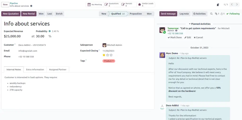 Odoo CRM lead detail with planned activity and notes