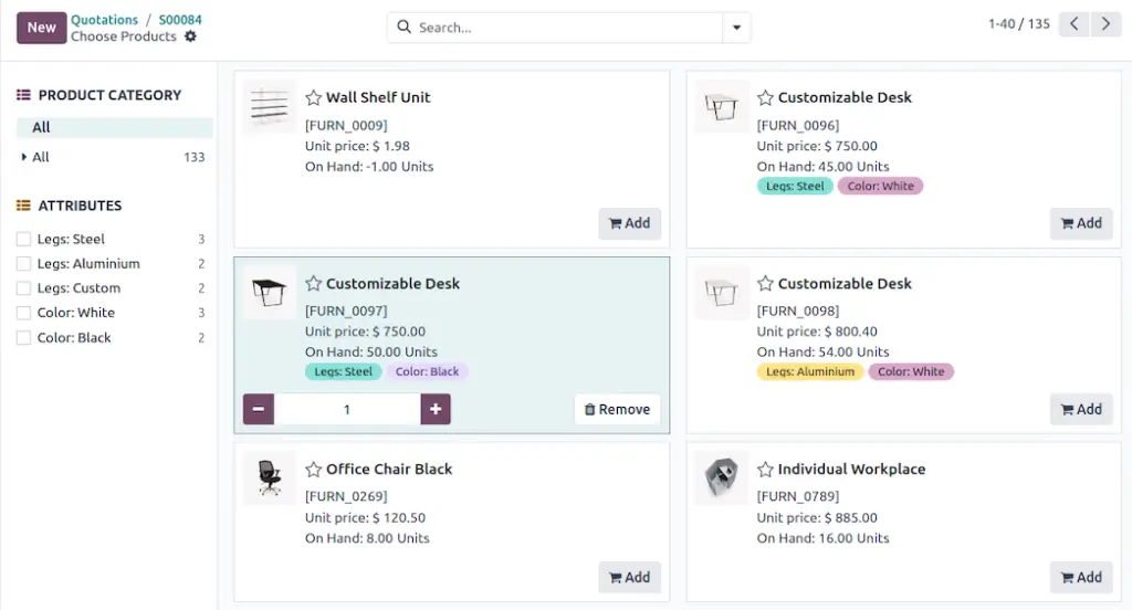 Odoo CRM product catalog with quotation builder
