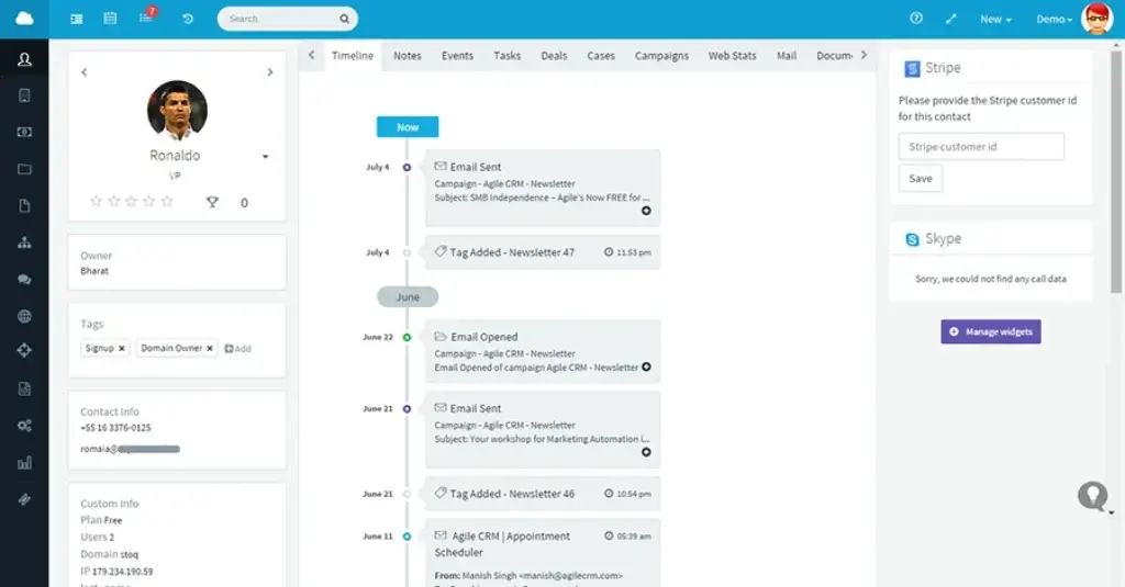 Agile CRM contact timeline with activity history