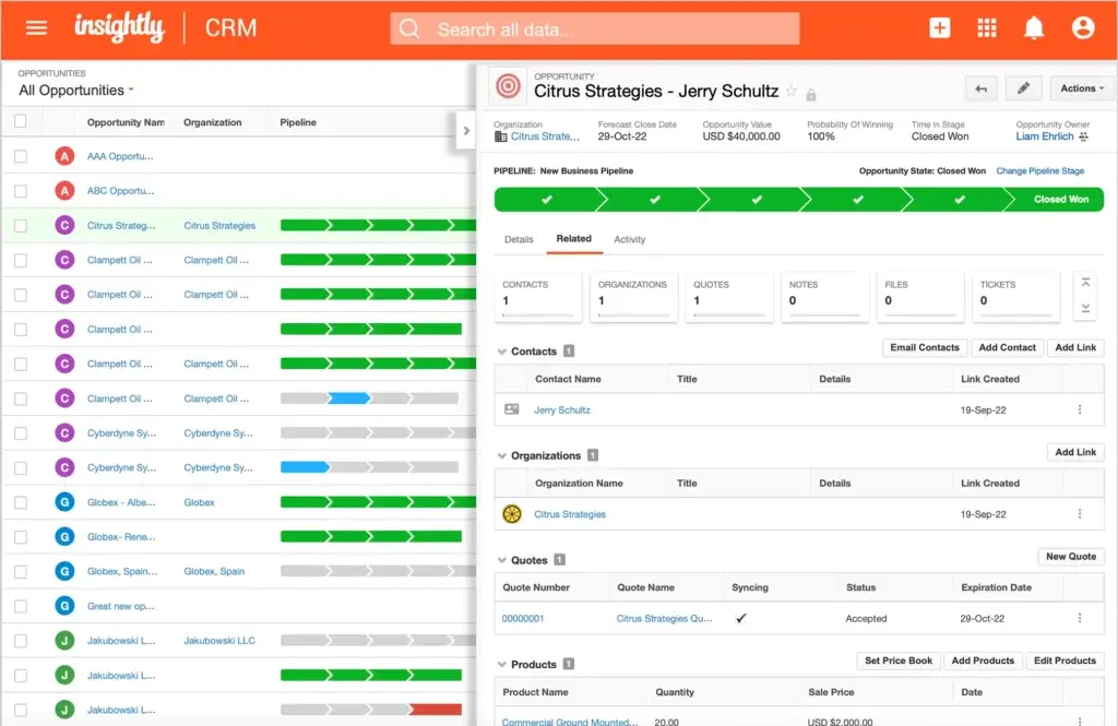 Insightly CRM deal detail view with related contacts and sales data
