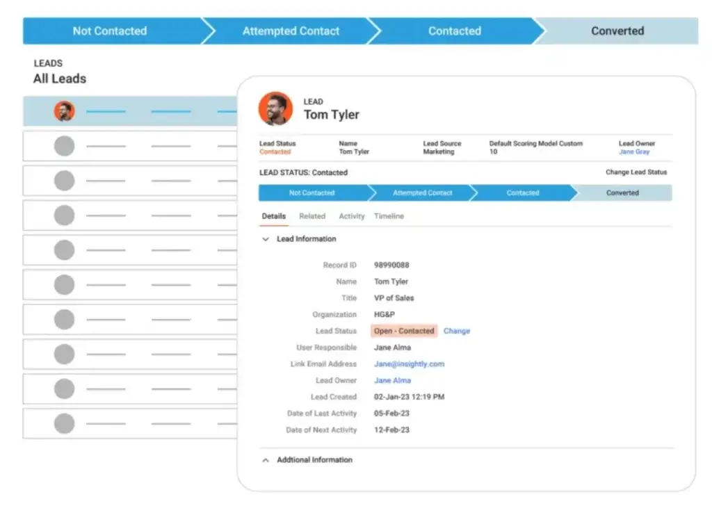 Insightly lead management interface showing status stages and lead info