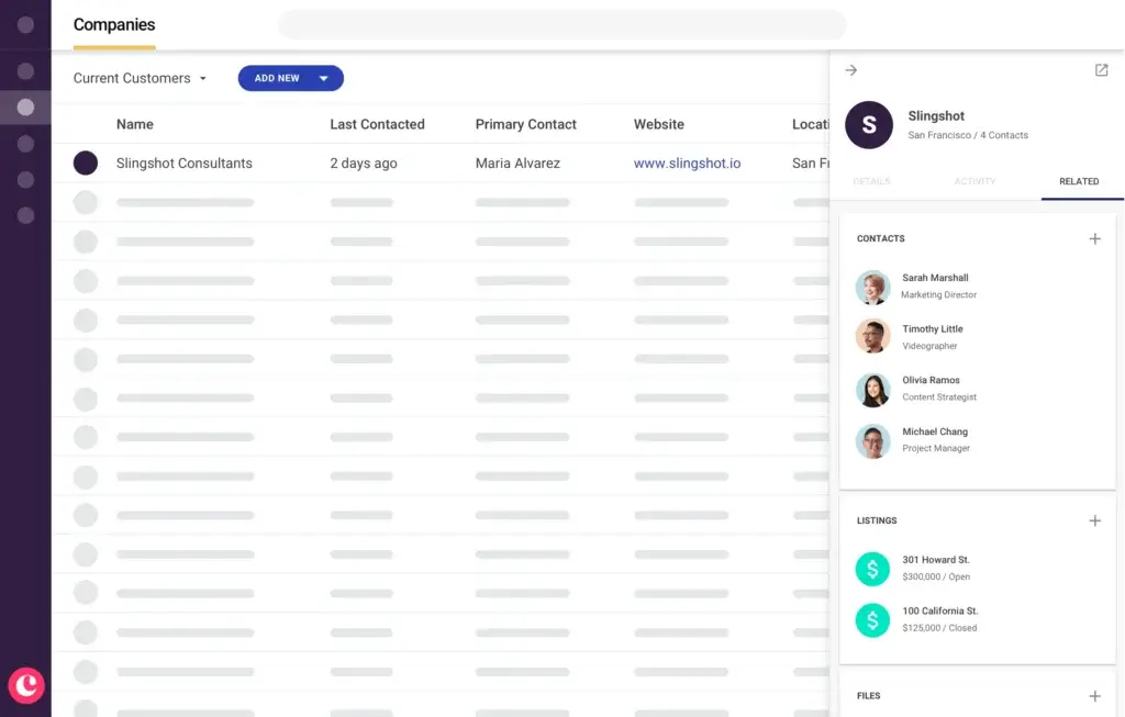 Copper CRM company view with contact and listing details