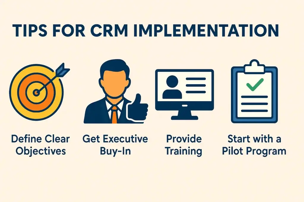 CRM implementation tips visual with icons and labels
