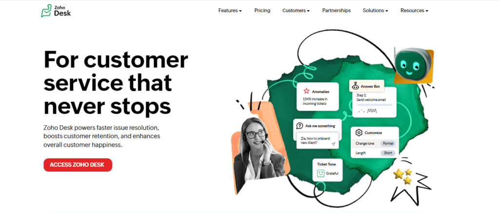 Zoho Desk homepage with helpdesk support features