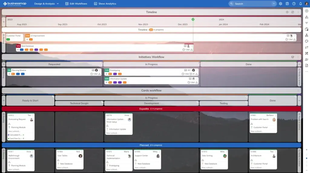 A visual look at Businessmap’s workflow board, displaying tasks moving through each project stage for better team visibility.