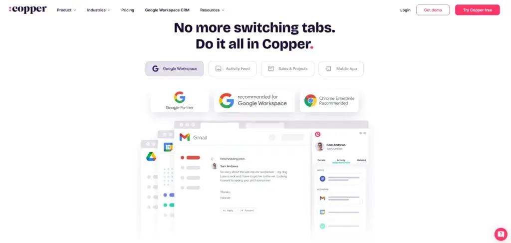 Copper CRM Gmail integration for Google Workspace users