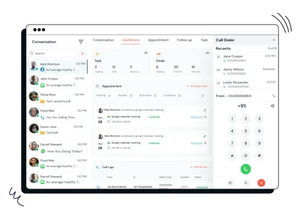 CRMOne dashboard with conversations, appointments, and call dialer