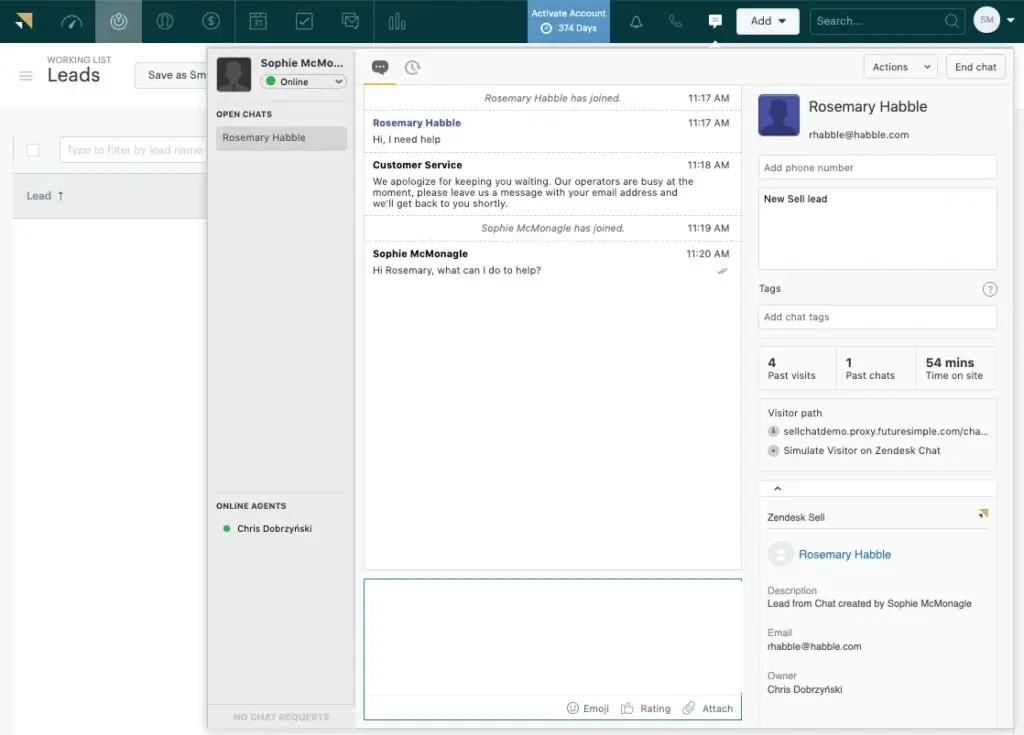 Live chat lead capture in Zendesk Sell