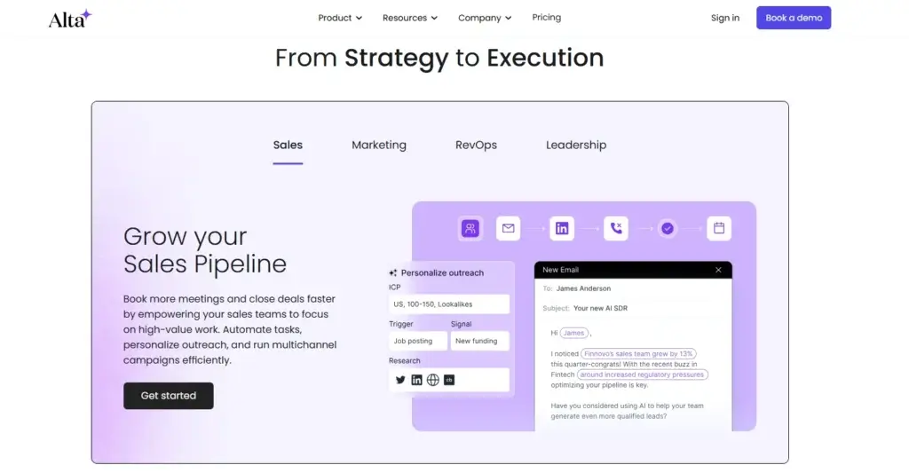 Alta AI platform homepage presenting marketing automation dashboard