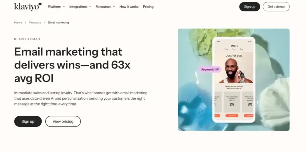 Klaviyo email marketing platform homepage highlighting 63x average ROI with personalized AI-driven customer segmentation.