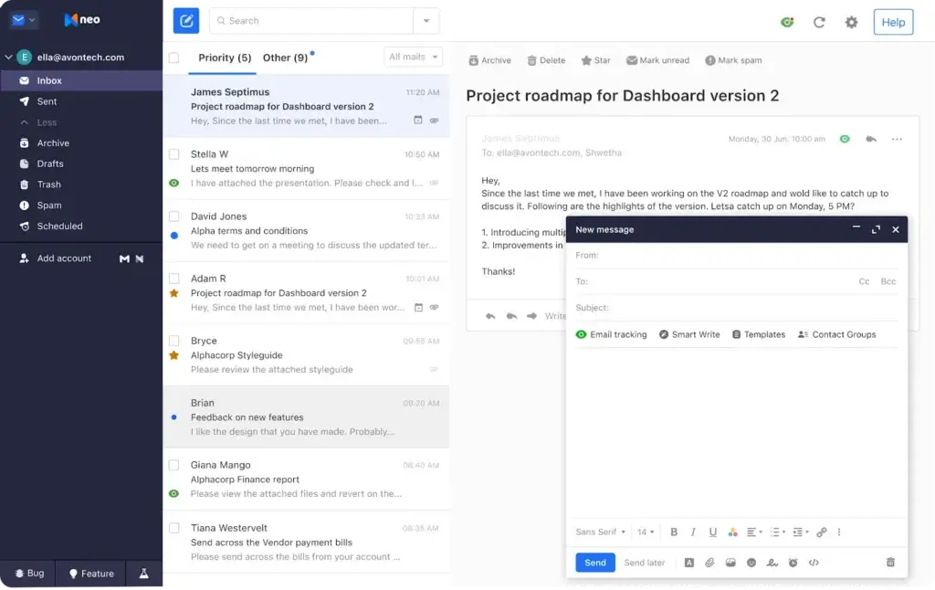 Neo email client dashboard showing inbox, message list, and email composition window