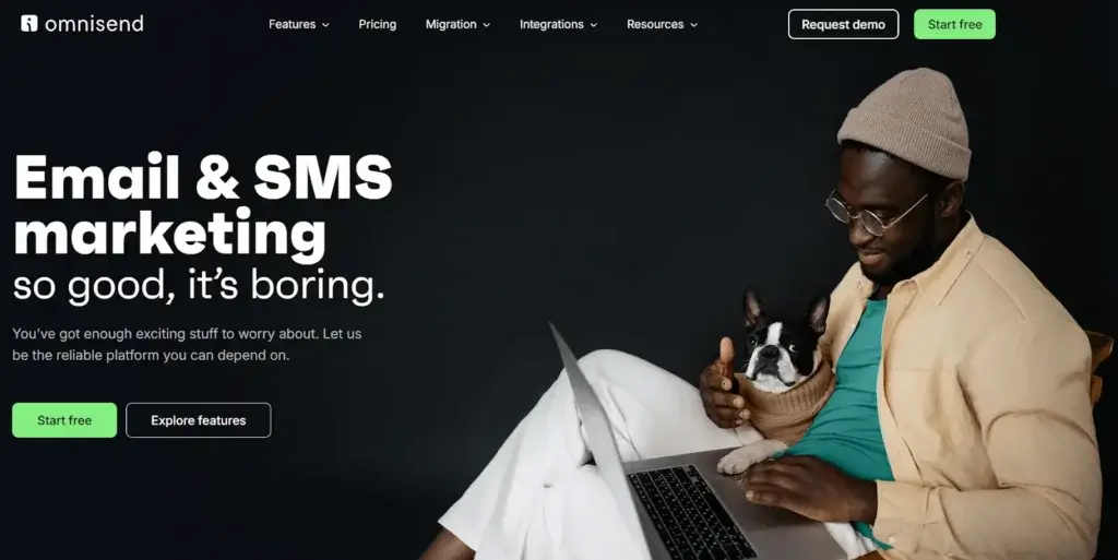 Omnisend email and SMS marketing platform homepage with automation features