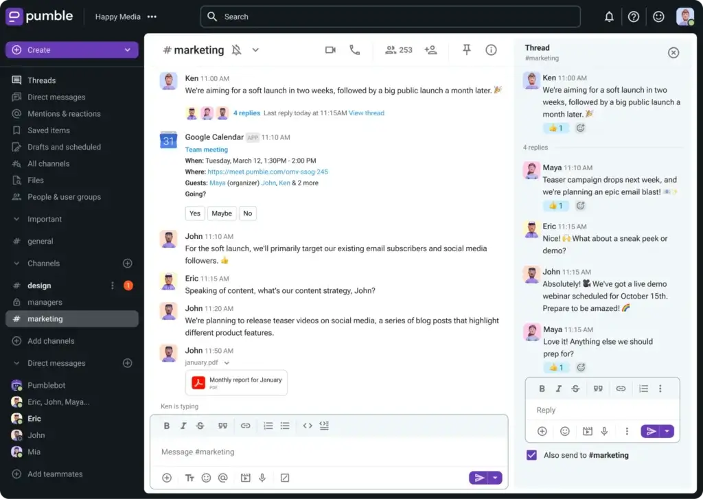 Pumble marketing channel showing threaded team chat and file sharing