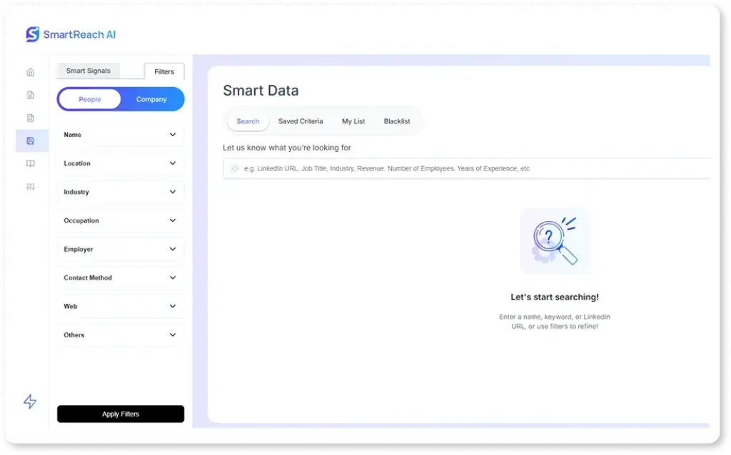 SmartReach AI Smart Data filters for building targeted lead lists