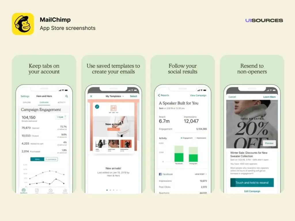 Mailchimp mobile app showing campaign performance, email templates, and audience engagement tools