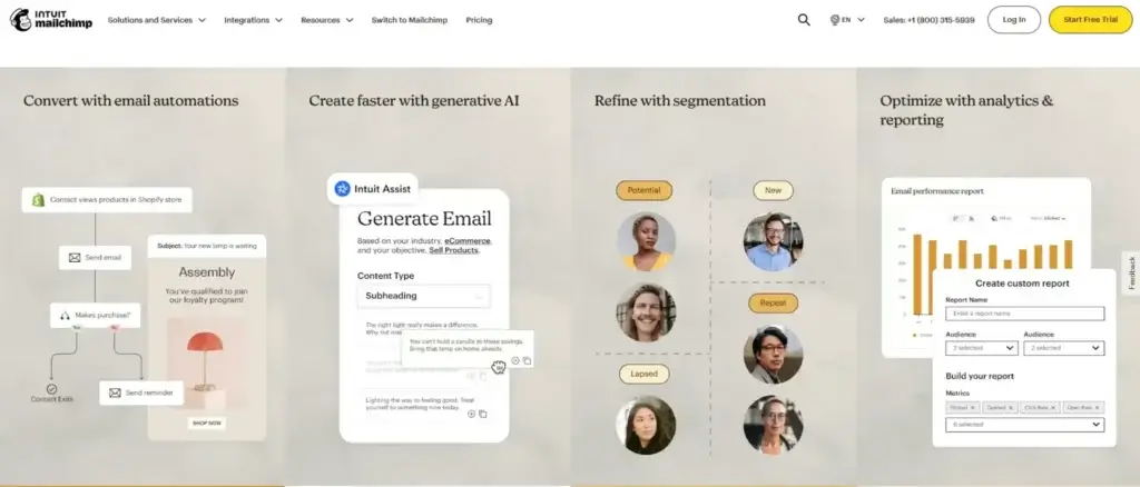 Mailchimp dashboard with email automation, AI content tools, segmentation, and reporting features