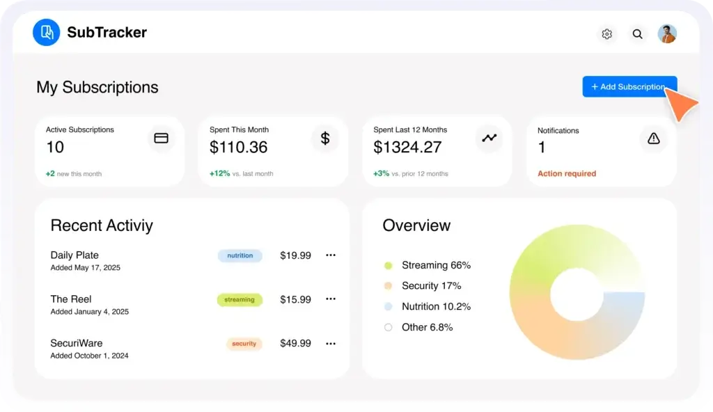 Subscription tracking app UI built with Base44