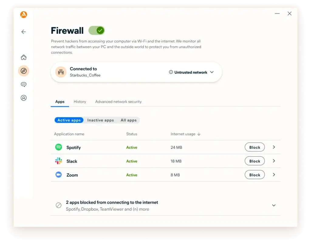 Avast Free Antivirus firewall control panel showing connected apps and network status