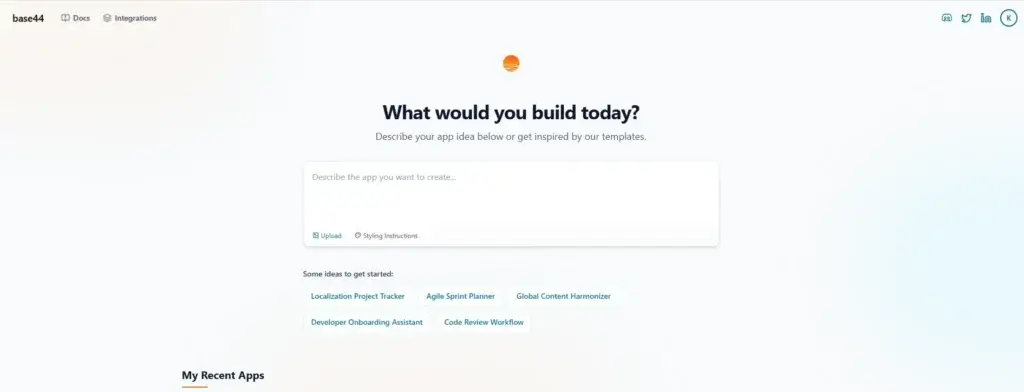 Base44 start screen for creating web apps via prompts
