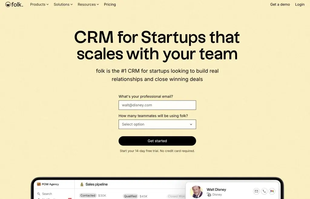 Folk CRM startup page highlighting relationship management and simple onboarding