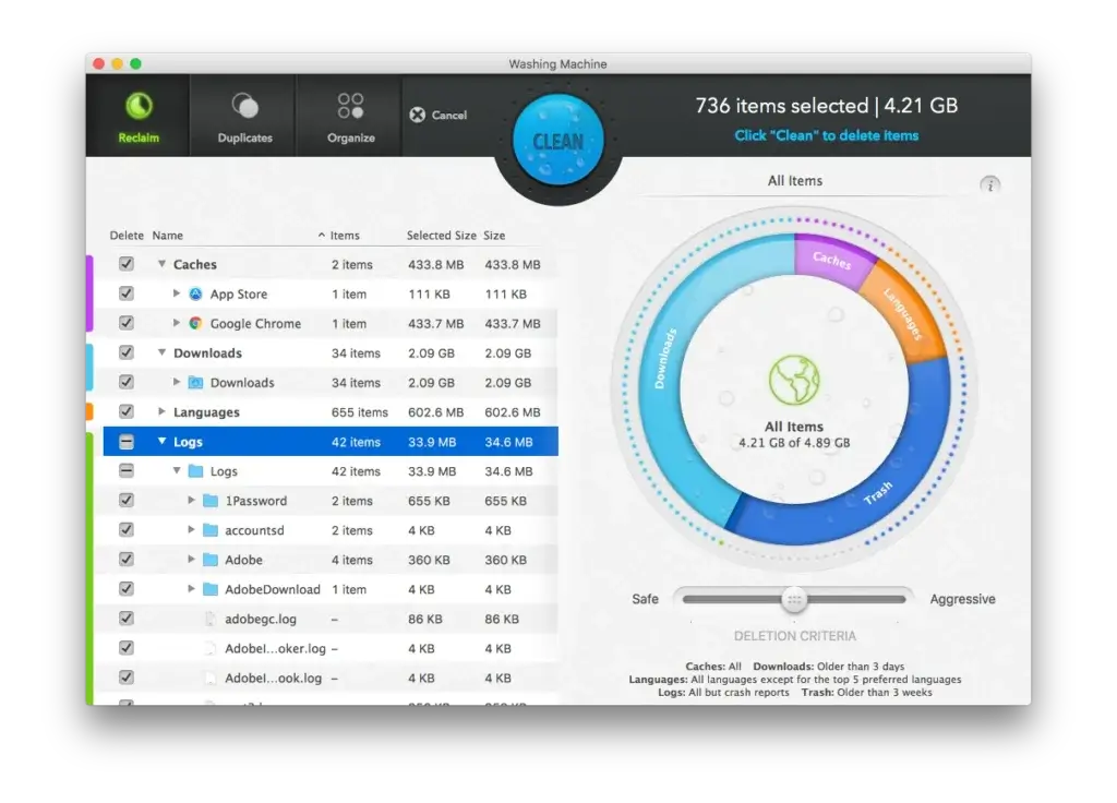 Intego Washing Machine app interface showing disk cleanup options with a circular visual display of storage categories