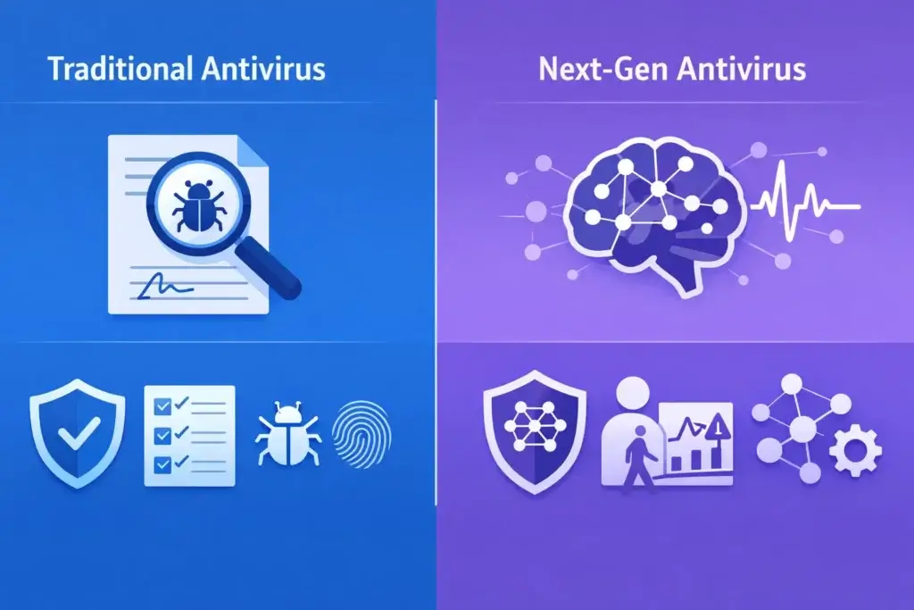 Next generation antivirus vs traditional antivirus behavioral detection comparison diagram