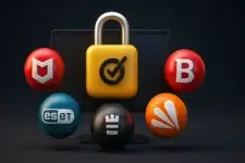 Antivirus logos surrounding a central Norton padlock icon on a monitor, symbolizing top Norton alternatives.