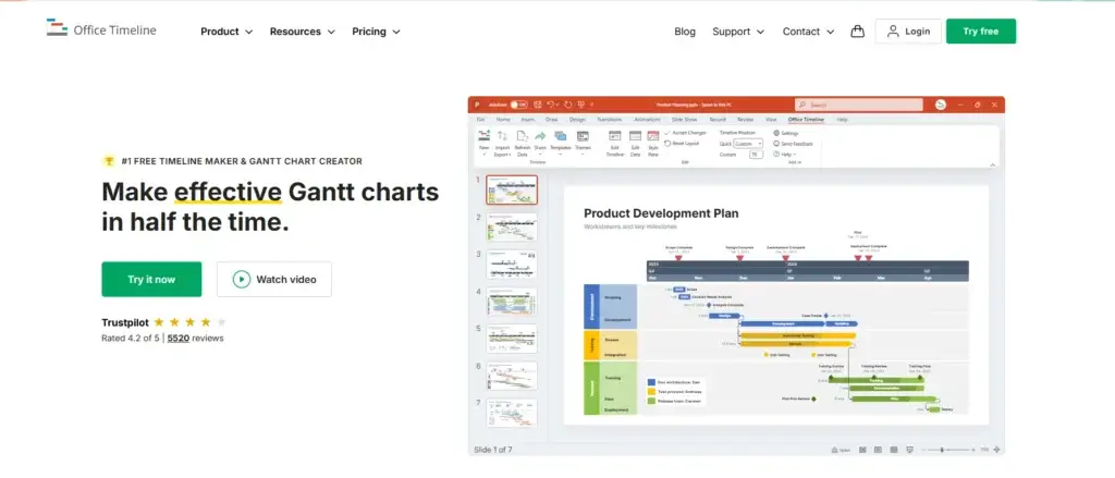 Screenshot of the Office Timeline homepage showcasing a PowerPoint-based Gantt chart creator with a sample product development plan visual.