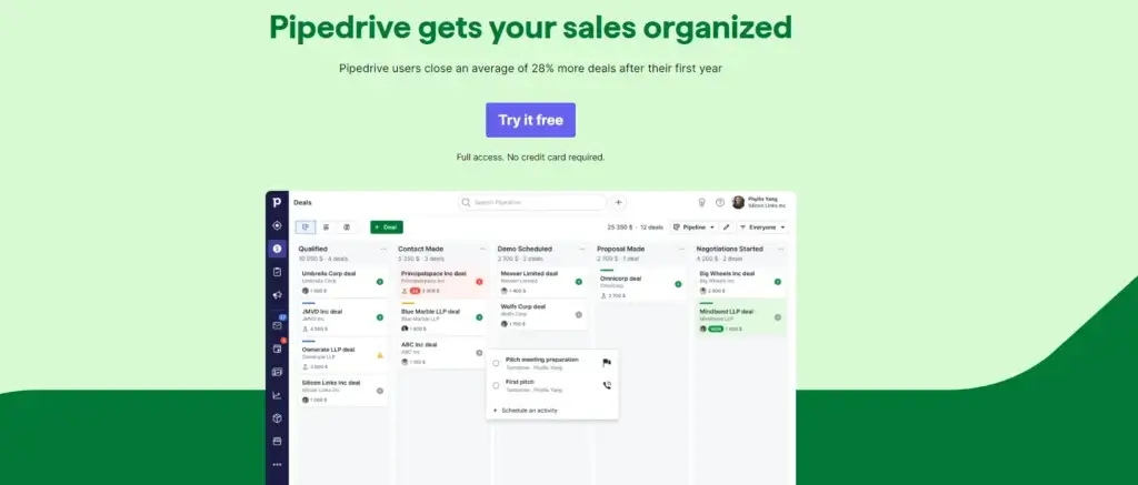 Pipedrive CRM pipeline for tracking financial advisor prospects