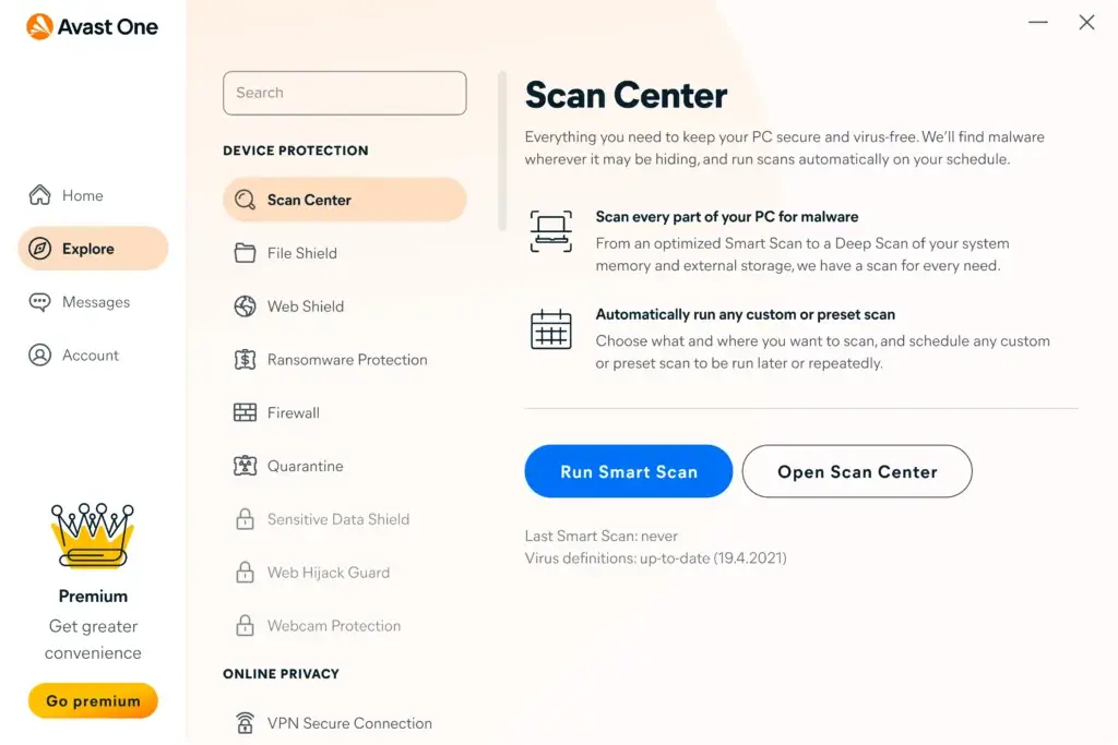 Avast One Scan Center interface showing file shield, web shield, ransomware protection, and scanning options.