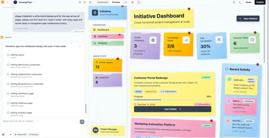 Whiteboard-style task management UI made with Base44