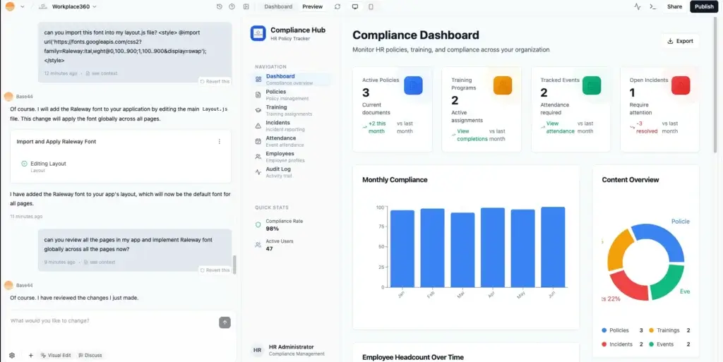 Base44 AI assistant editing app layout and dashboard view