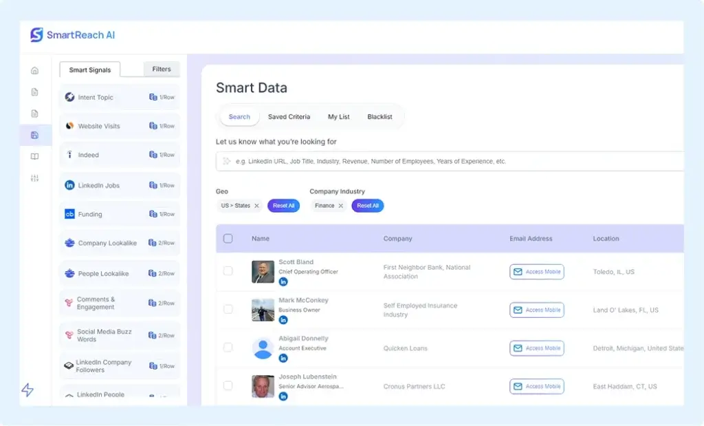 SmartReach AI interface showing smart signals and enriched lead data with contact details