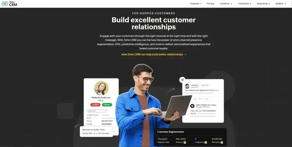 Zoho CRM interface highlighting customer engagement, automation, and analytics