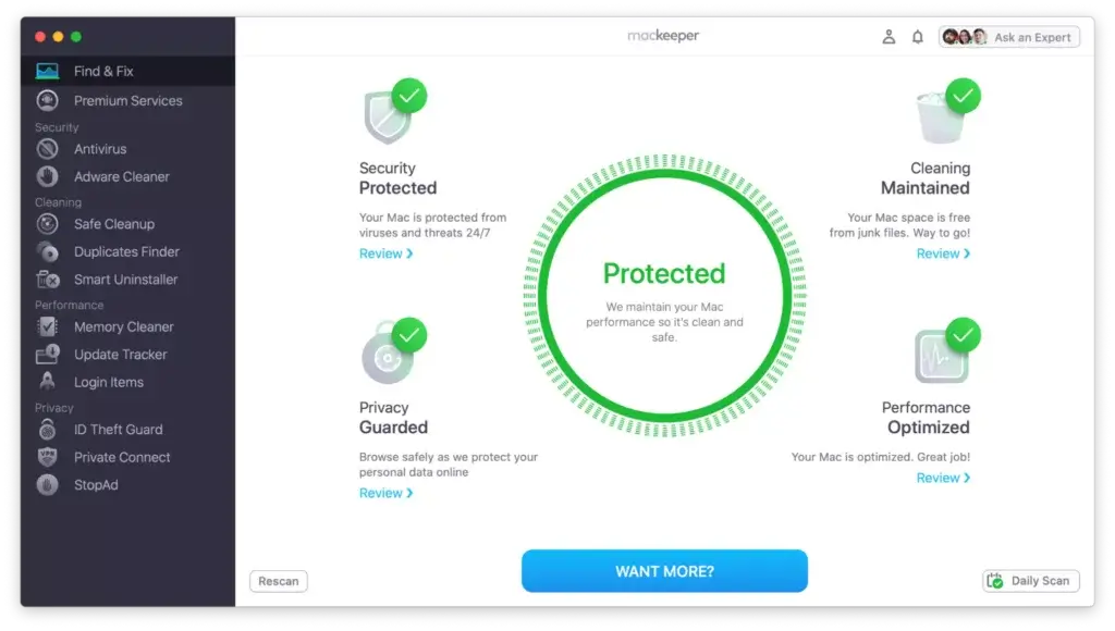 MacKeeper dashboard showing system protection, cleanup, and performance tools