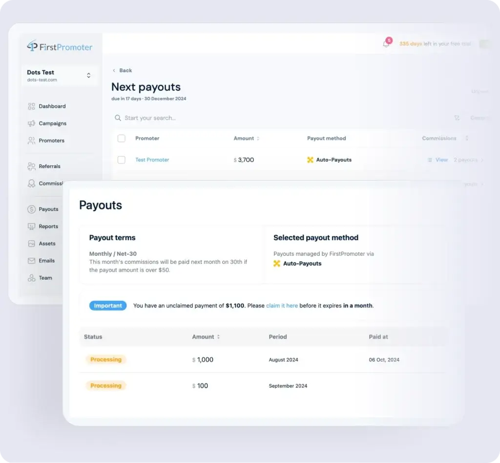 FirstPromoter payout dashboard showing automated commission payments via PayPal or Wise