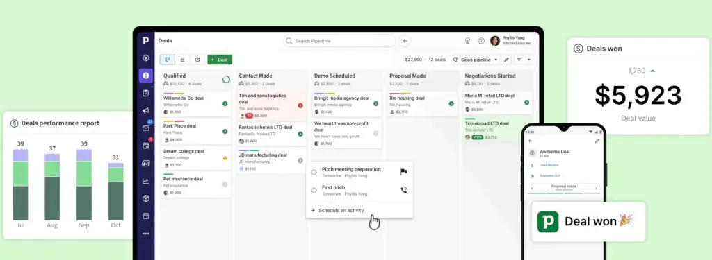 Pipedrive visual sales pipeline with deal stages, reports, and mobile CRM view
