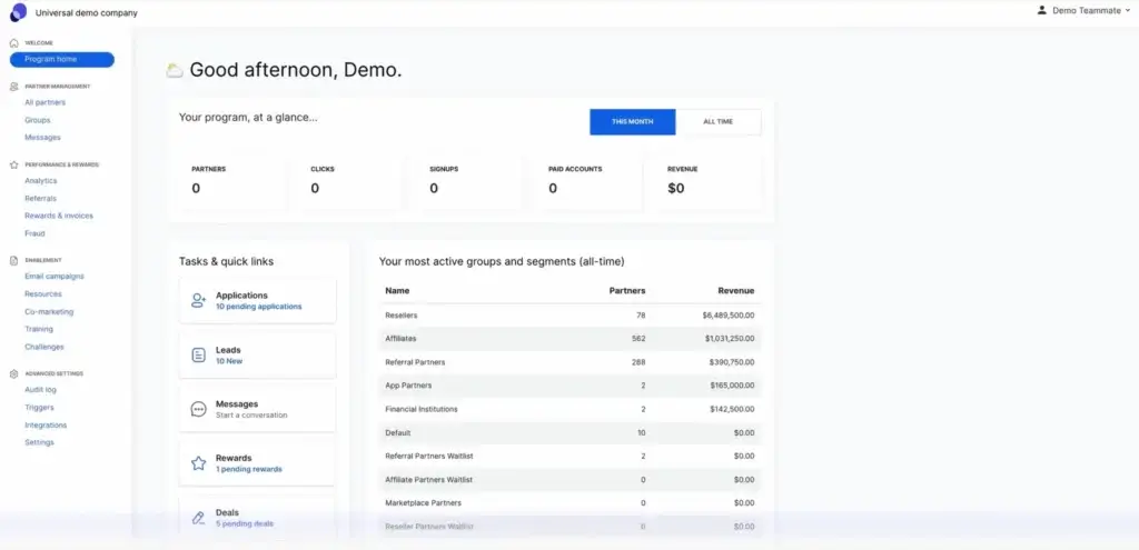 PartnerStack dashboard showing partner program performance, revenue tracking, and partner segmentation