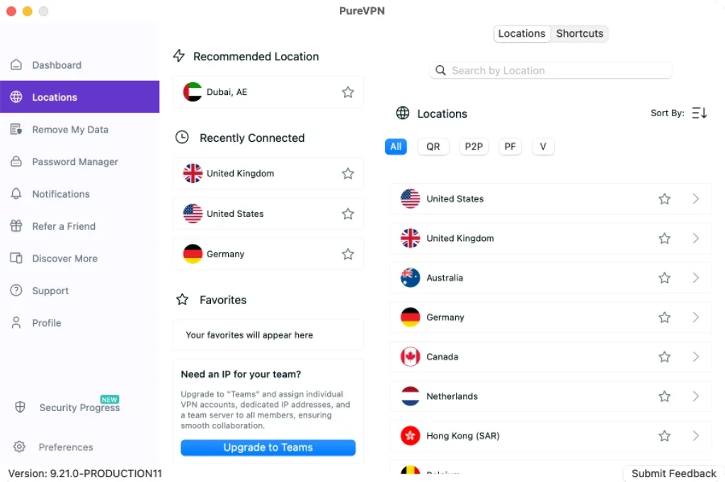 PureVPN app interface showing server locations and recently connected countries including United States, United Kingdom, and Germany