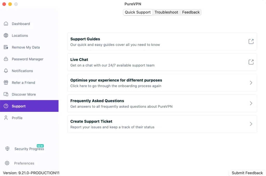 PureVPN support dashboard showing live chat, FAQs, support guides, and ticket options