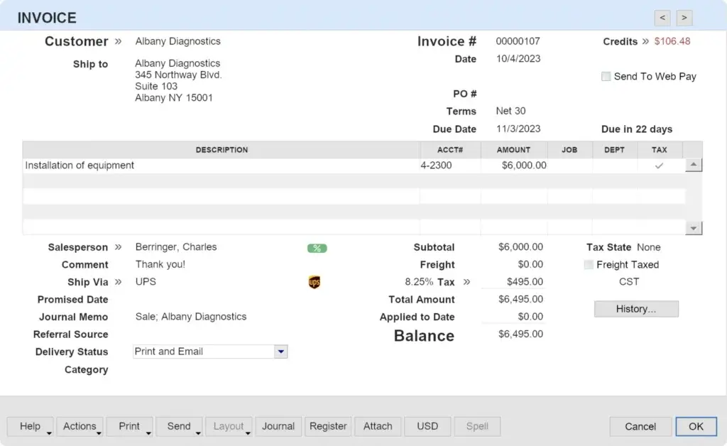 AccountEdge Pro invoice screen showing customer details, invoice number, tax, terms, line item description, subtotal, and balance due