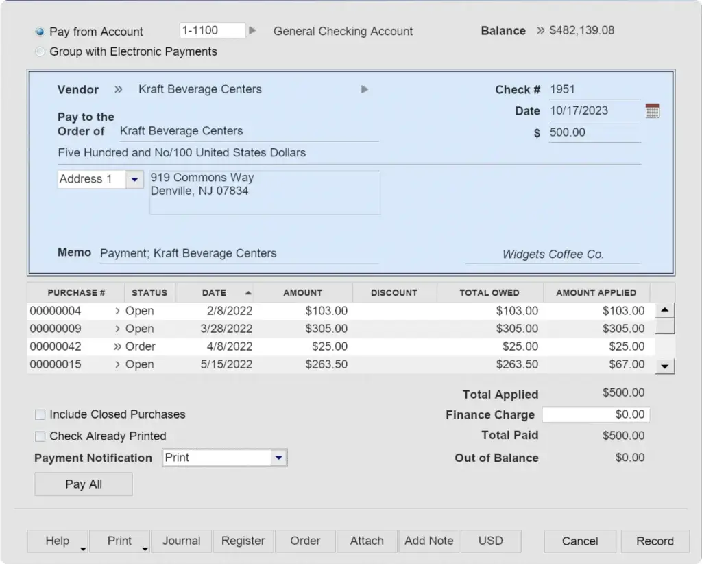 AccountEdge Pro pay bills screen showing vendor payment details, checking account balance, open purchases, amount applied, and total paid