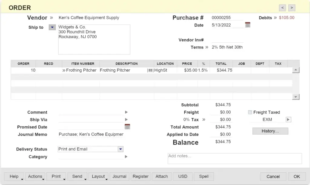 AccountEdge Pro purchase order screen showing vendor details, item number, description, inventory location, price, tax, and order balance