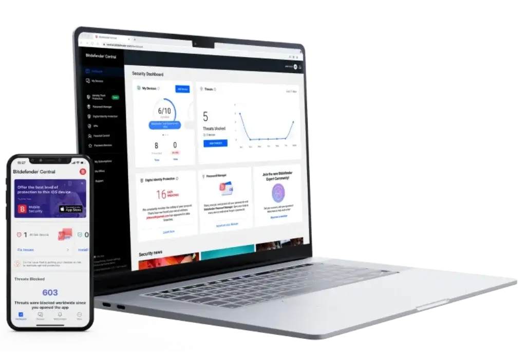 Bitdefender Central dashboard displayed on a MacBook and iPhone, showing real-time threat statistics, device protection status, and security tools.